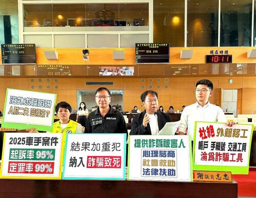 1150519中市議員謝志忠強烈要求打擊詐騙 從重量刑加重結果犯、納入「詐騙致死」中市府：跨局處強化防詐作為 從識詐宣導到強力查緝 詐欺案件與財損較去年同期均雙降