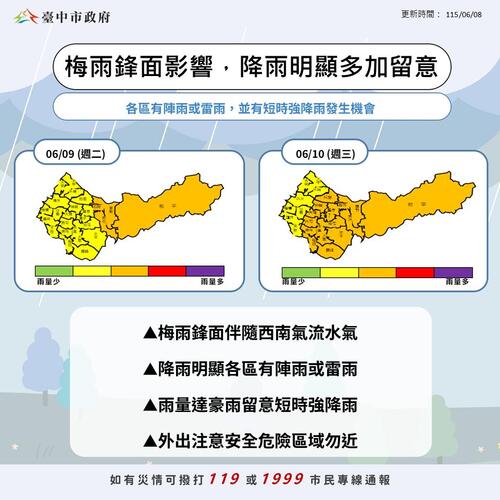 1150608梅雨鋒面及西南氣流影響 中市水利局三級開設嚴防強降雨產品圖