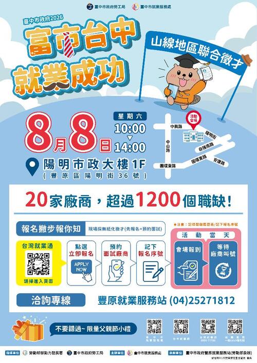 1150803智慧科技低碳徵才！中市山線聯合徵才8/8豐原登場 最高月薪96K