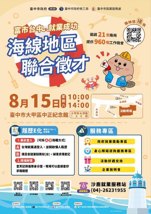 1150807台中海線就業大募集！8/15聯合徵才釋960職缺 21家企業強勢搶人才!
