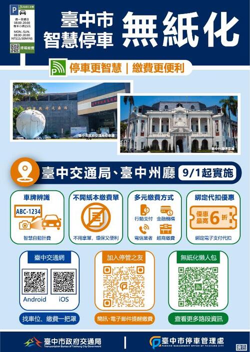 1150902台中州廳及交通局停車場導入智慧停車無紙化收費 綁定自動代扣繳可享最高6折優惠
