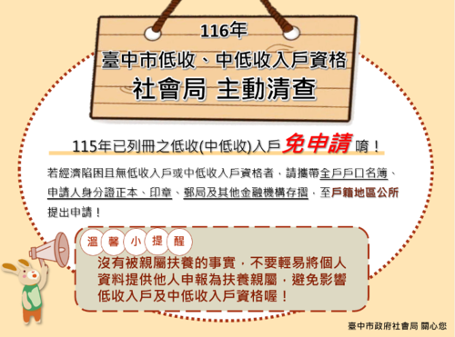 1150929民眾免跑區公所！中市10月起主動審查低收、中低收入戶資格