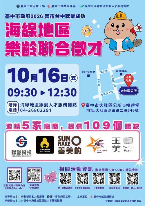 1151012中市海線樂齡徵才10/16登場 5家企業釋109個職缺產品圖
