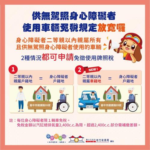 1150206身障免稅條件放寬！中市地稅局：二親等親屬車籍與身障者同戶籍免牌照稅