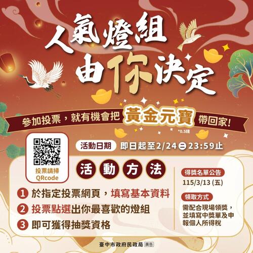 1150215走春賞燈拚好運！ 2026中台灣燈會「幸福祈願村」最強祈福燈區登場 票選人氣燈組抽萬元金元寶