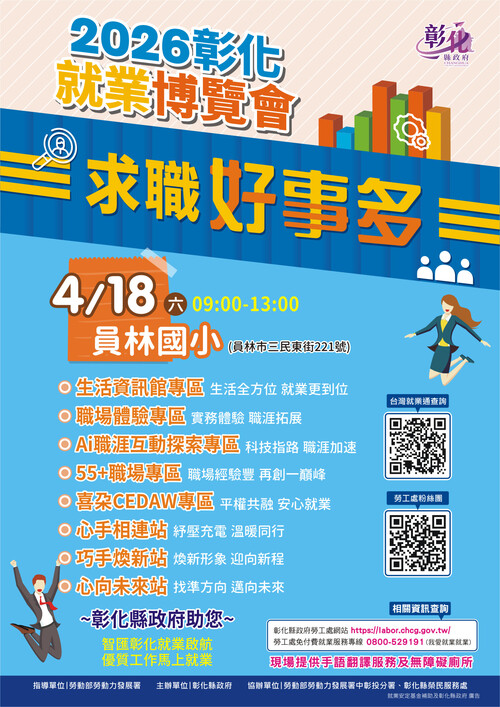 彰化縣115年第2場大型就業博覽會4月18日登場 36家企業釋出近千個職缺 邀民眾把握求職良機
